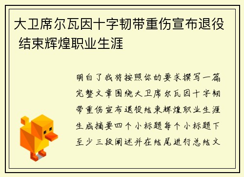 大卫席尔瓦因十字韧带重伤宣布退役 结束辉煌职业生涯 大卫席尔瓦因十字韧带重伤宣布退役 结束辉煌职业生涯